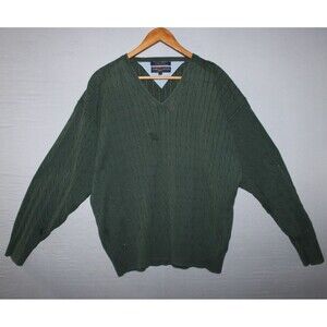 Vintage Tommy Hilfiger Jumper Mens XL Green Faded Golf Cable Knit 90s Loose Fit